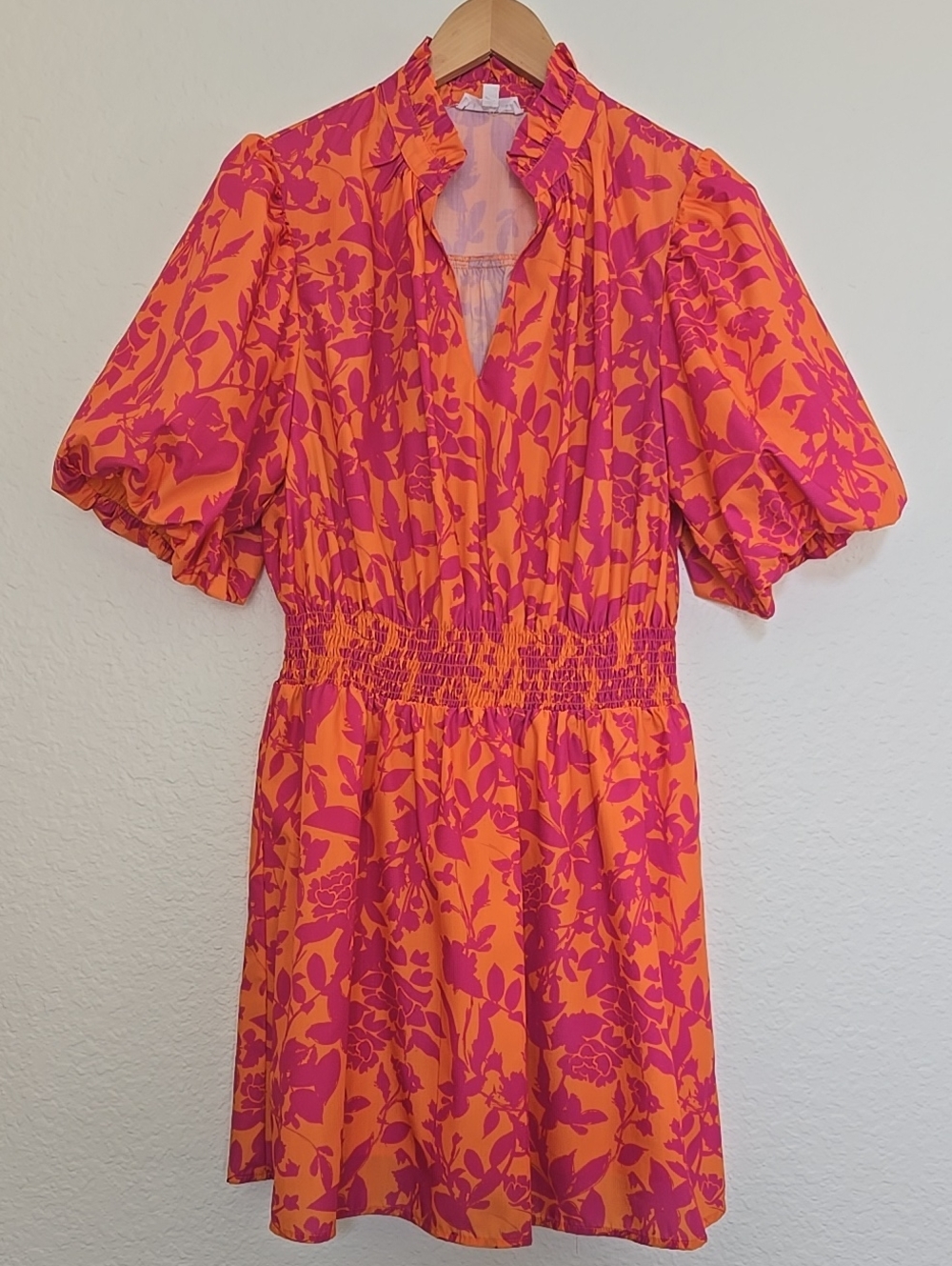 THML Vibrant Pink and Orange Floral Puff Sleeves Lined Mini Summer Party Dress